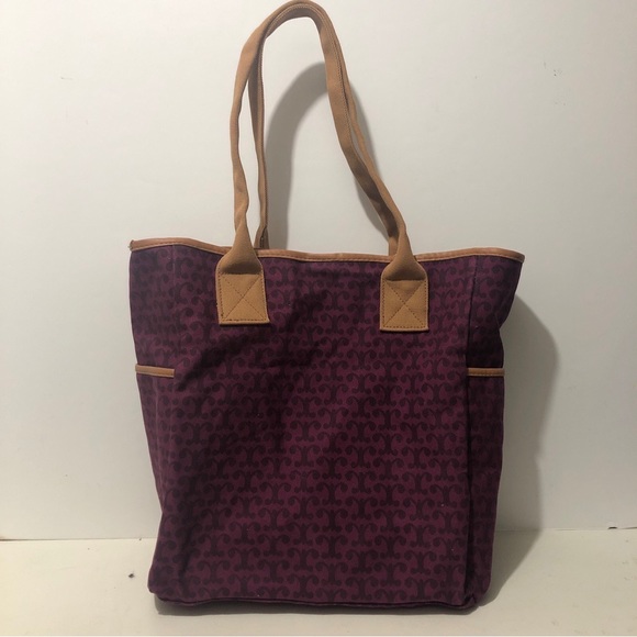 Purchase Canvas Tote Bag 12”Wx6”Wx13”H Floral Print High Capacity Pockets Maroon - Picture 5 of 9